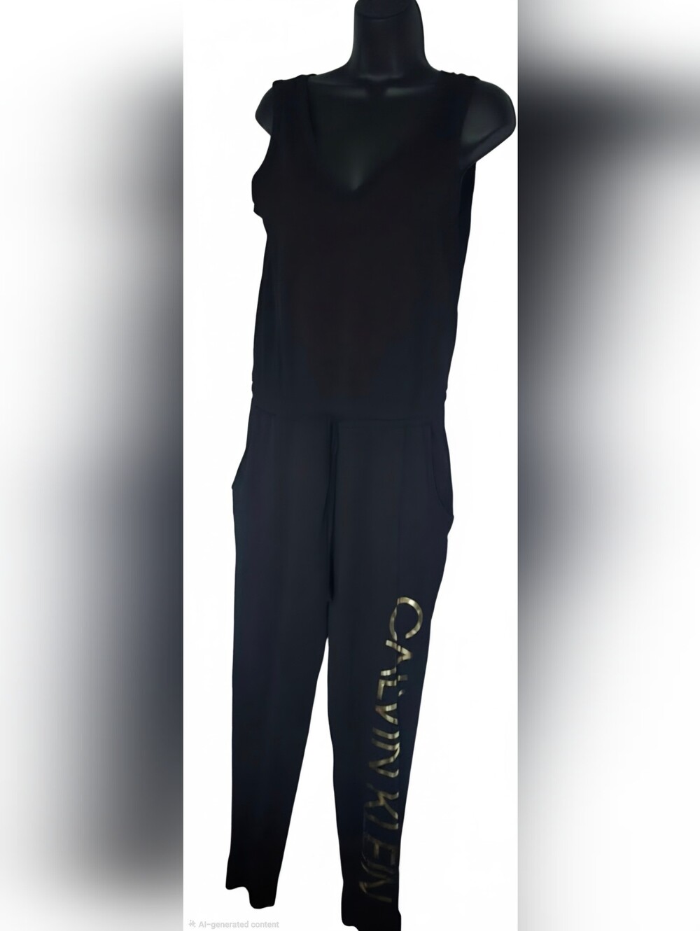 Calvin Klein Sleeveless CK Drawstring Jumpsuit w/gold Logo on Leg Size M